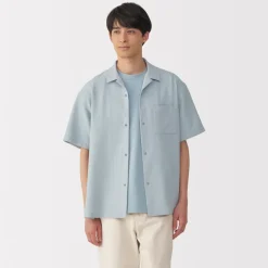 Sale Men's Breathable Seersucker Open Collar Short Sleeve Shirt Shirts & Polos