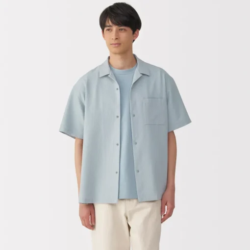 Sale Men's Breathable Seersucker Open Collar Short Sleeve Shirt Shirts & Polos