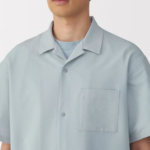 Sale Men's Breathable Seersucker Open Collar Short Sleeve Shirt Shirts & Polos
