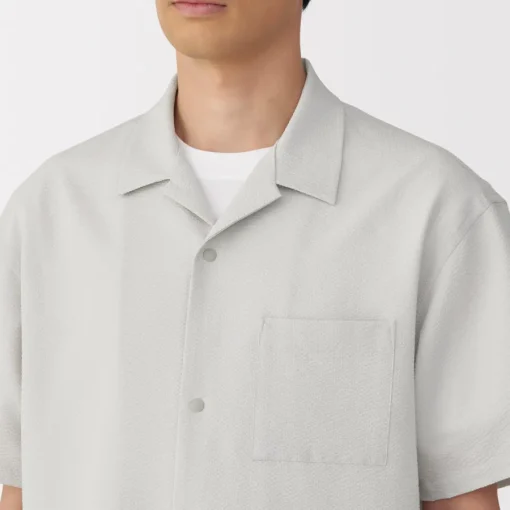 Sale Men's Breathable Seersucker Open Collar Short Sleeve Shirt Shirts & Polos