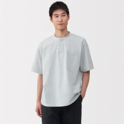 Hot Men's Cool Touch Henley Neck Short Sleeve Woven Striped T-Shirt T-Shirts