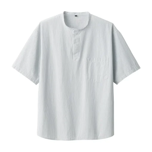 Hot Men's Cool Touch Henley Neck Short Sleeve Woven Striped T-Shirt T-Shirts