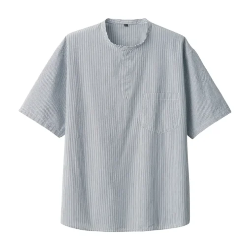 Hot Men's Cool Touch Henley Neck Short Sleeve Woven Striped T-Shirt T-Shirts