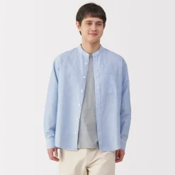 Outlet Men's Hemp Cotton Stand Collar Striped Shirt Shirts & Polos