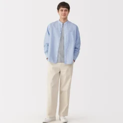 Outlet Men's Hemp Cotton Stand Collar Striped Shirt Shirts & Polos