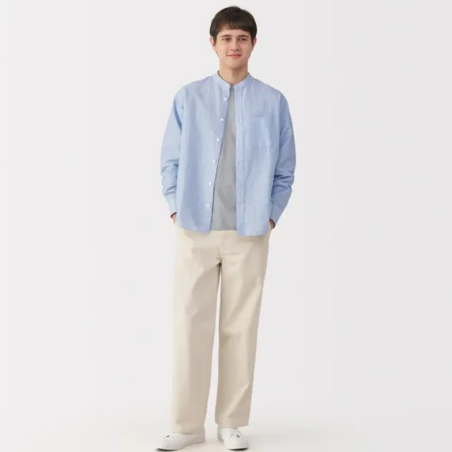 Outlet Men's Hemp Cotton Stand Collar Striped Shirt Shirts & Polos