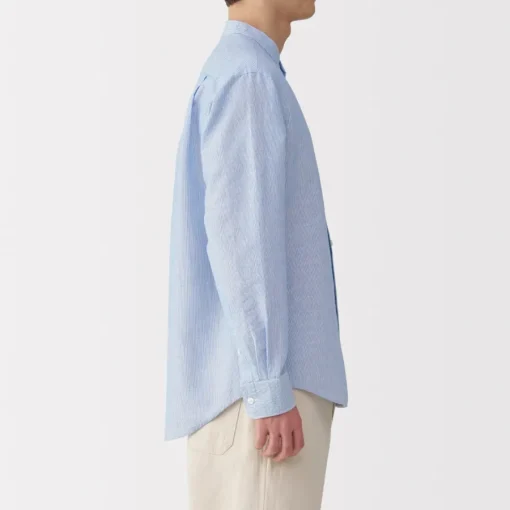 Outlet Men's Hemp Cotton Stand Collar Striped Shirt Shirts & Polos