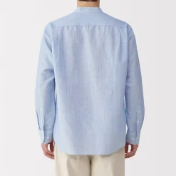 Outlet Men's Hemp Cotton Stand Collar Striped Shirt Shirts & Polos