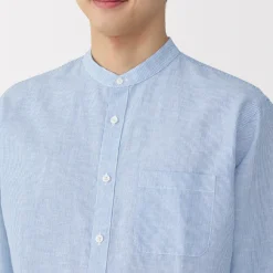 Outlet Men's Hemp Cotton Stand Collar Striped Shirt Shirts & Polos