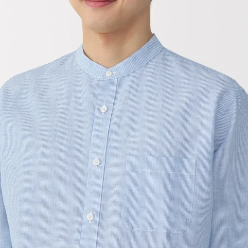 Outlet Men's Hemp Cotton Stand Collar Striped Shirt Shirts & Polos