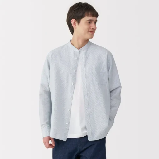Outlet Men's Hemp Cotton Stand Collar Striped Shirt Shirts & Polos