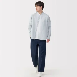 Outlet Men's Hemp Cotton Stand Collar Striped Shirt Shirts & Polos