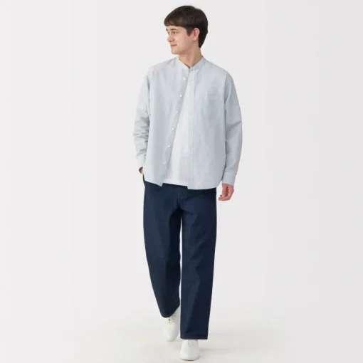 Outlet Men's Hemp Cotton Stand Collar Striped Shirt Shirts & Polos