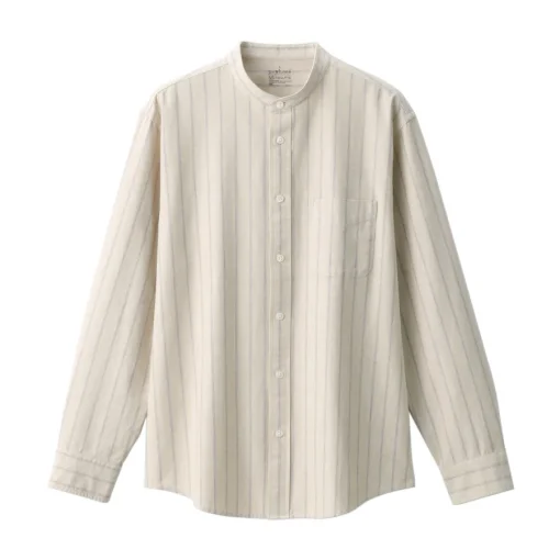 Best Men's Washed Oxford Stand Collar Long Sleeve Striped Shirt Shirts & Polos