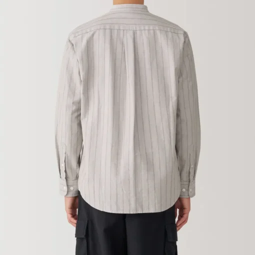 Best Men's Washed Oxford Stand Collar Long Sleeve Striped Shirt Shirts & Polos