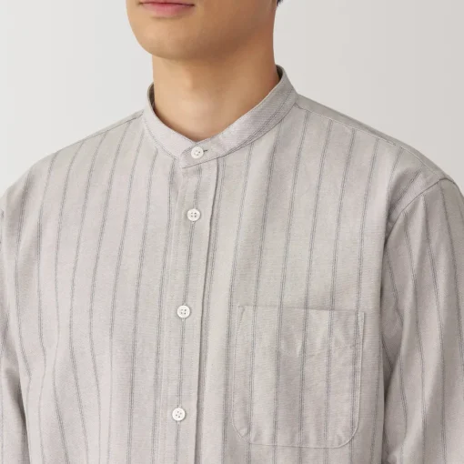 Best Men's Washed Oxford Stand Collar Long Sleeve Striped Shirt Shirts & Polos
