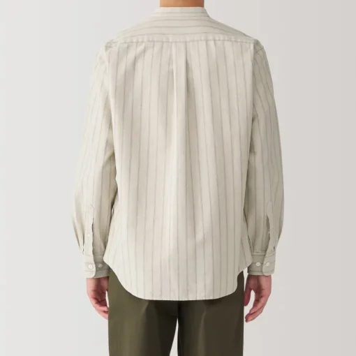 Best Men's Washed Oxford Stand Collar Long Sleeve Striped Shirt Shirts & Polos