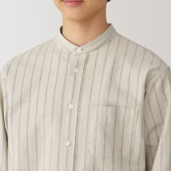Best Men's Washed Oxford Stand Collar Long Sleeve Striped Shirt Shirts & Polos