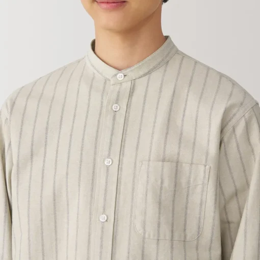 Best Men's Washed Oxford Stand Collar Long Sleeve Striped Shirt Shirts & Polos