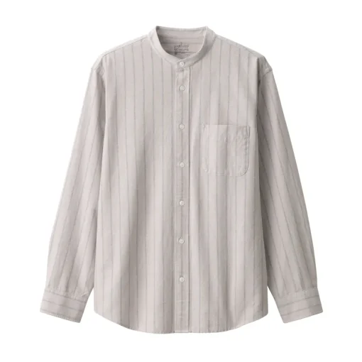 Best Men's Washed Oxford Stand Collar Long Sleeve Striped Shirt Shirts & Polos