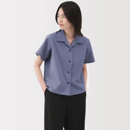 Sale Women's Breathable Seersucker Open Collar Short Sleeve Shirt Women Tops & Shirts