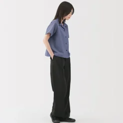 Sale Women's Breathable Seersucker Open Collar Short Sleeve Shirt Women Tops & Shirts