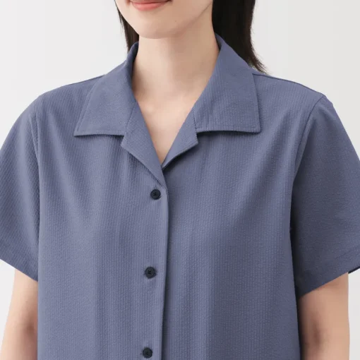 Sale Women's Breathable Seersucker Open Collar Short Sleeve Shirt Women Tops & Shirts