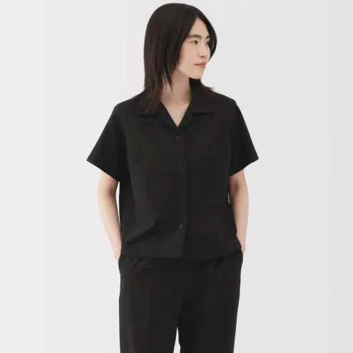 Sale Women's Breathable Seersucker Open Collar Short Sleeve Shirt Women Tops & Shirts