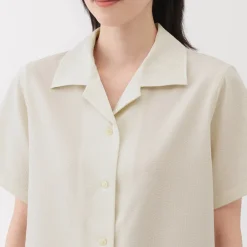 Sale Women's Breathable Seersucker Open Collar Short Sleeve Shirt Women Tops & Shirts