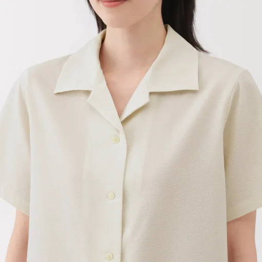 Sale Women's Breathable Seersucker Open Collar Short Sleeve Shirt Women Tops & Shirts