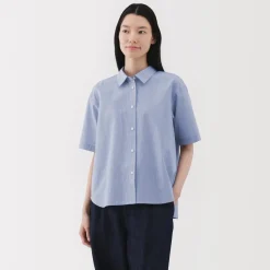 Sale Women's Cool Touch Regular Collar Short Sleeve Striped Shirt Women Tops & Shirts