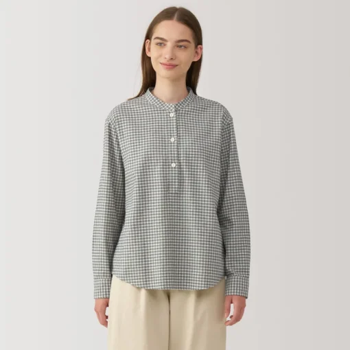 Online Women's Flannel Stand Collar Long Sleeve Patterned Blouse Women Tops & Shirts