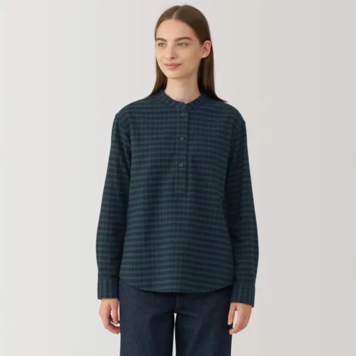 Online Women's Flannel Stand Collar Long Sleeve Patterned Blouse Women Tops & Shirts