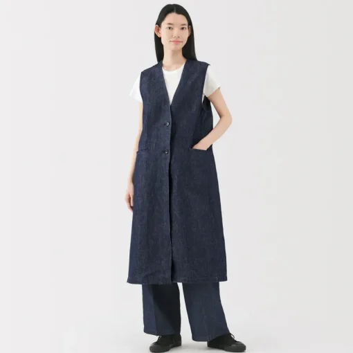New Women's Hemp Blend Denim Long Gilet Women Tops & Shirts