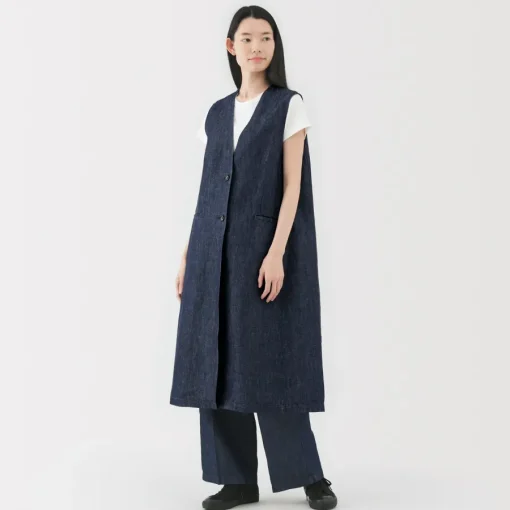 New Women's Hemp Blend Denim Long Gilet Women Tops & Shirts