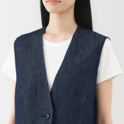New Women's Hemp Blend Denim Long Gilet Women Tops & Shirts