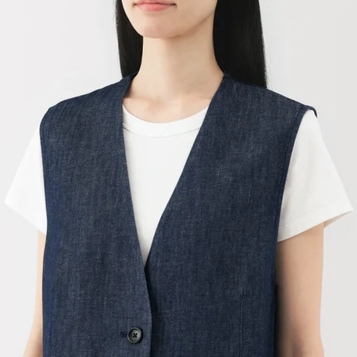 New Women's Hemp Blend Denim Long Gilet Women Tops & Shirts